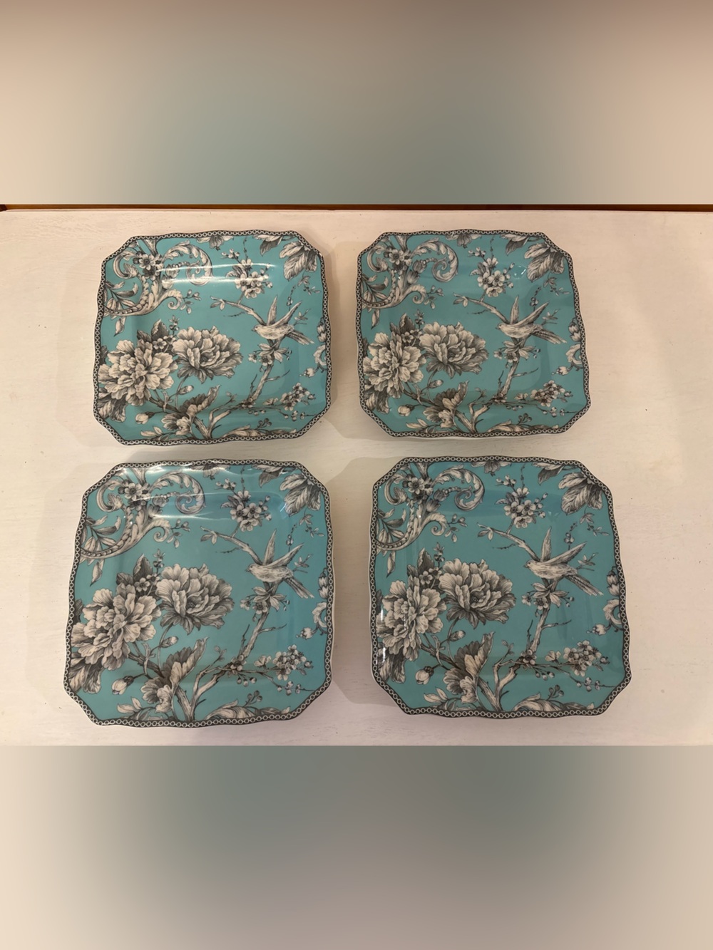 222 Fifth Adelaide 4 Salad Plates Turquoise Floral Bird 8.6" Porcelain Square